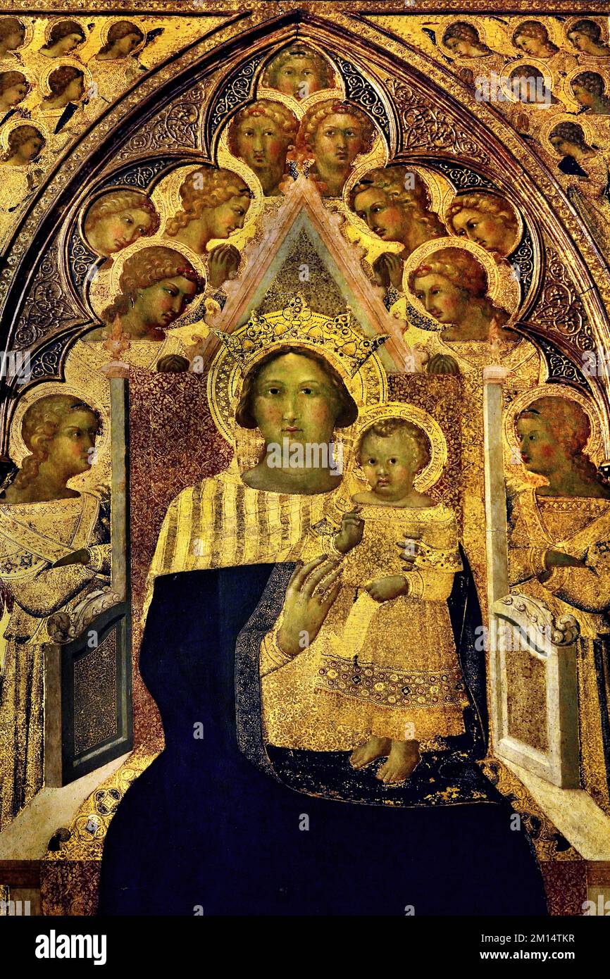 Madonna and Child Engels von Bartolomeo Bulgarini alias Ugolino Lorenzetti, Christian Art, Italien, Italienisch. Madonna und Kind in Engel verliebt. Stockfoto