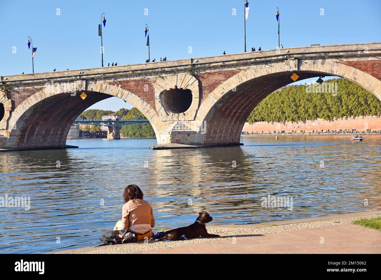 Die Pont Neuf mit sieben Bögen über den Fluss Garonne, Toulouse, Frankreich, wurde 1542-1632 erbaut; Mauerwerk mit Ziegeltafeln, ein Meisterwerk der Renaissance Stockfoto