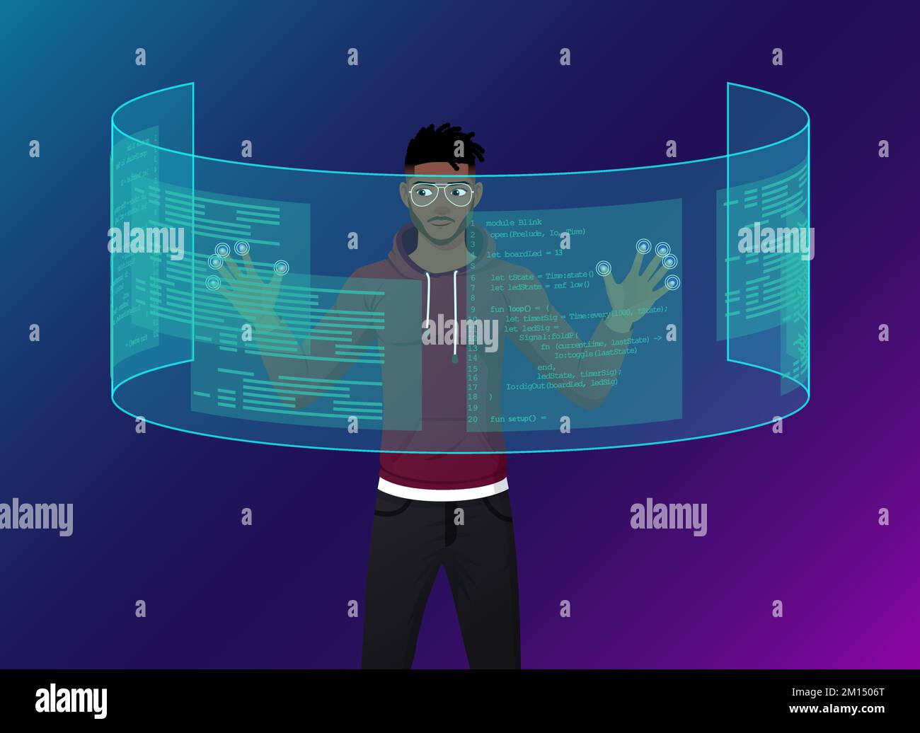 Programmierer und Web-Entwickler mit futuristischem Augmented Reality Interface Stock Vektor