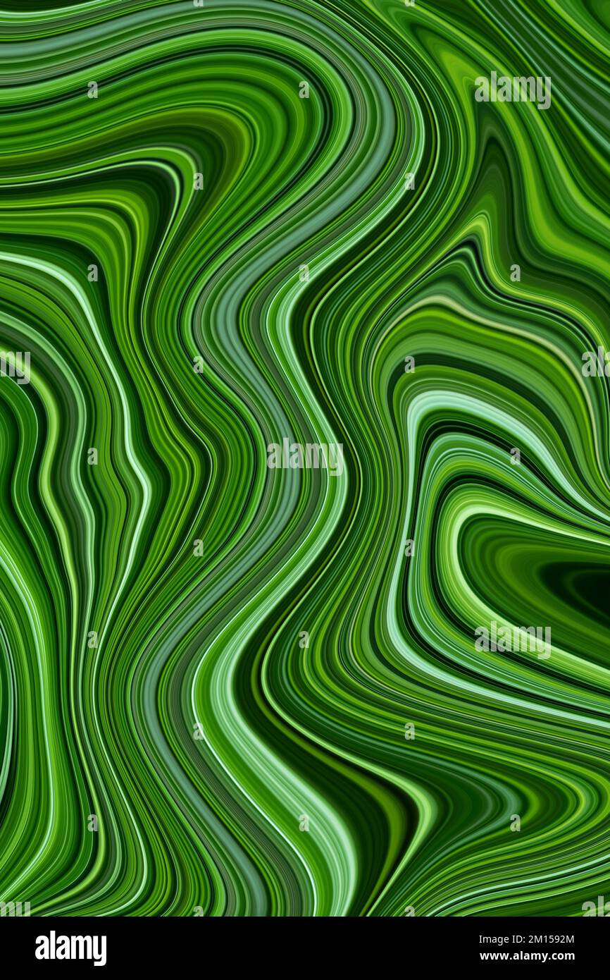 Grün gestrichene Kulisse. Moderne abstrakte Kunst Malerei Hintergründe. Farbe fließt. Bunte Linien bewegen. Flüssiges Marmordesign, Oberfläche mit Farbverlauf Stockfoto