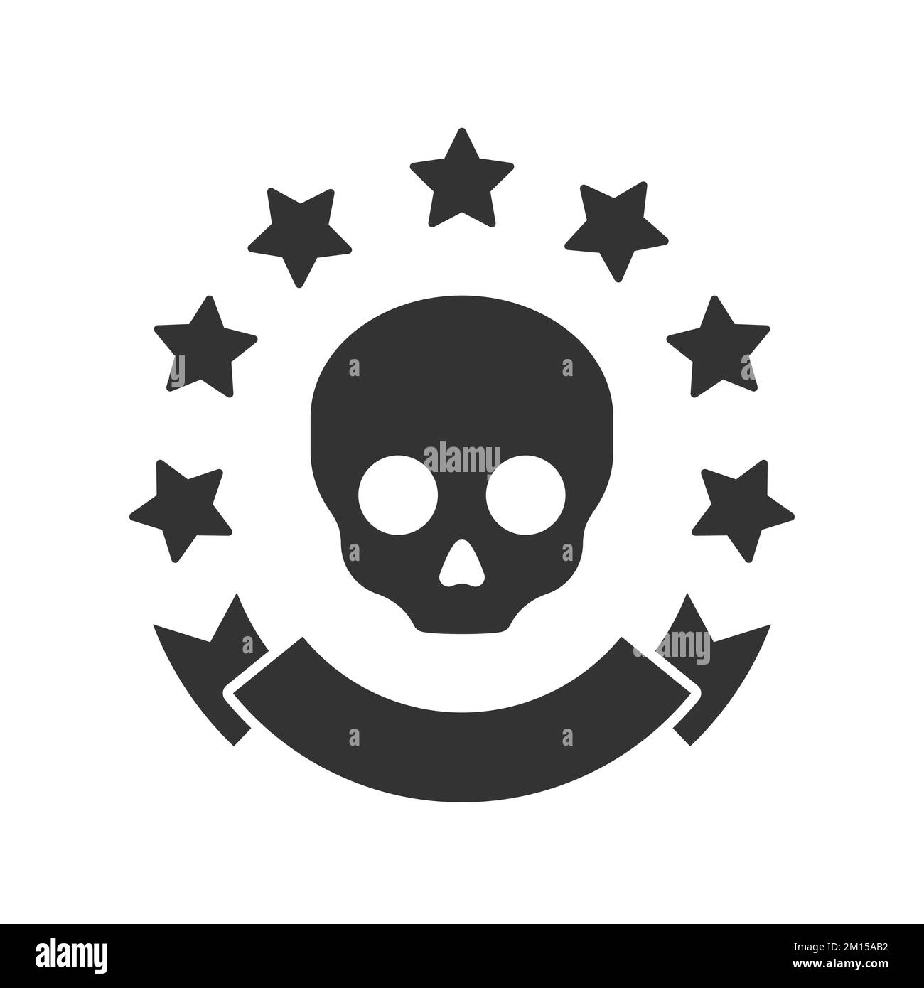 Klassisches Totenkopfdesign für Logos. Piratenlogo mit Sternen und Banner. Vektordarstellung. Stock Vektor
