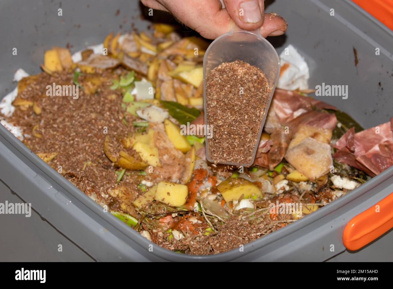 Bokashi-Fermentierungs- und Kompostiermethode. Kompostierung in der Küche mit EM-wirksamen Mikroorganismen, die auf der Weizenkleie imprägniert sind, um sie zu fermentieren Stockfoto