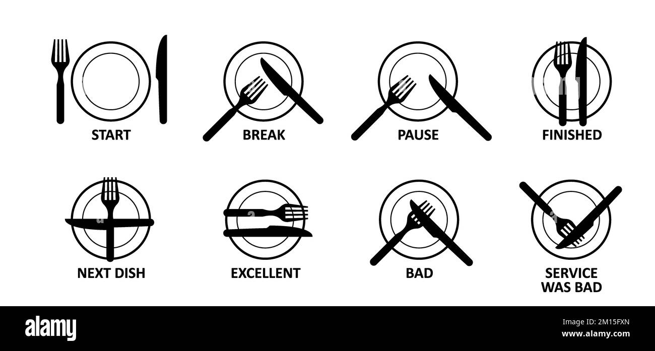Die Sprache des Bestecks, Essregeln. Essensstil am Tisch. Besteck-Etikette. Symbol für Teller, Gabel, Messer, Löffel. Einfache Restaurantgestaltung. R Stockfotografie