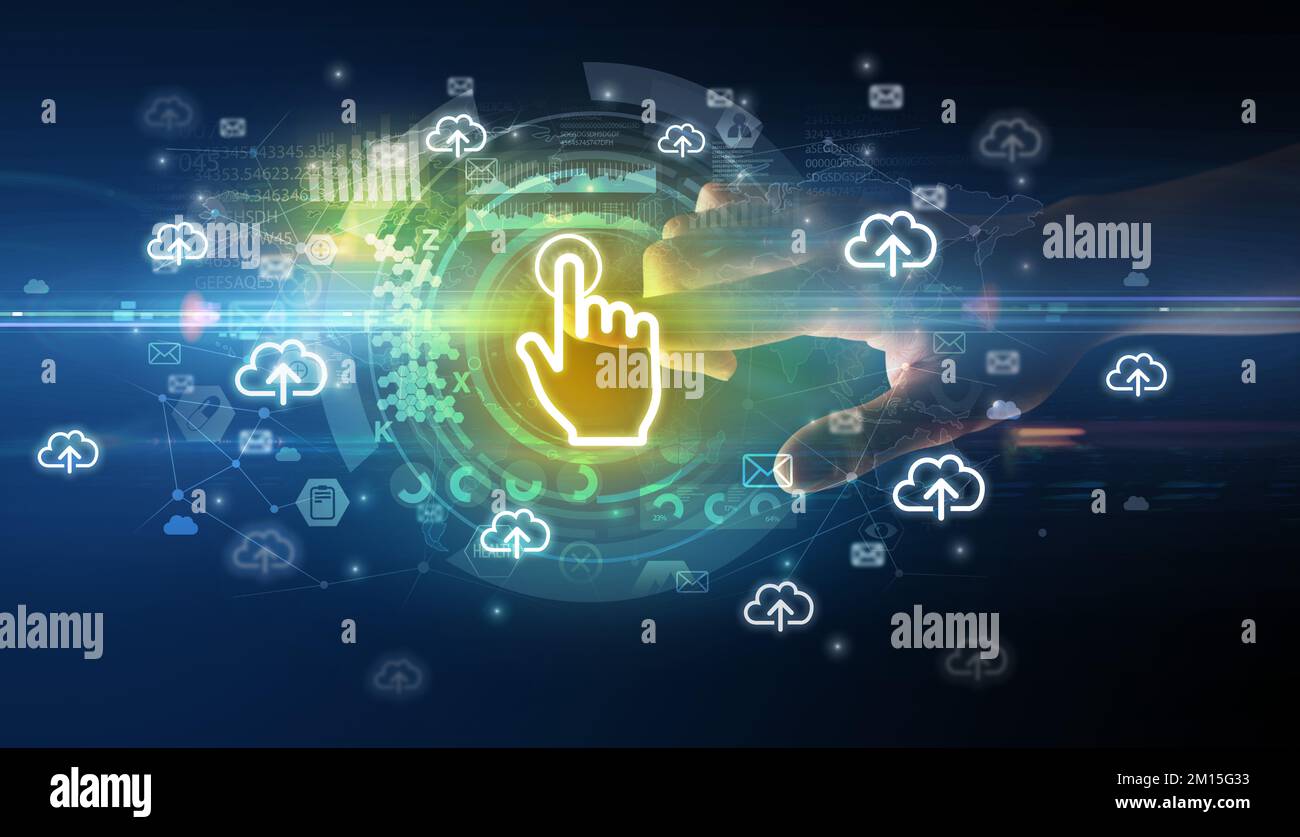 Berühren mit Soft-Gesture-Multimedia-Bildschirm mit Zukunftstechnologie Konzept Stockfoto