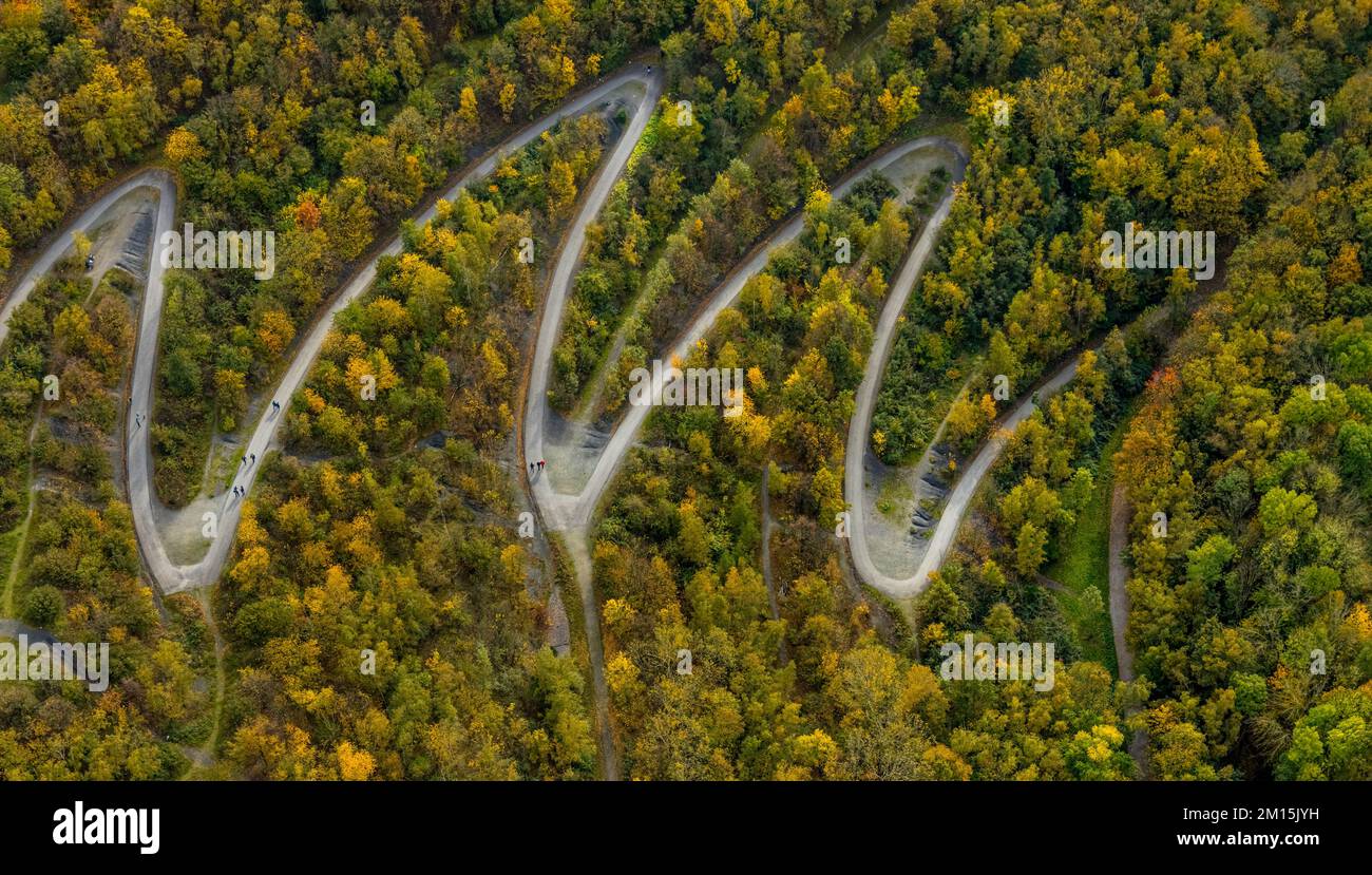 Luftaufnahme, Serpentinpfad zum Tetraeder an der Beckstraße Slagheap im Bezirk Batenbrock-Nord in Bottrop, Ruhrgebiet, Nordrhein-Westp Stockfoto