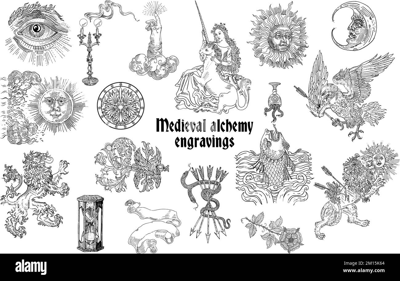 Mittelalterliches Manuskript, Gravurkunst Stock Vektor