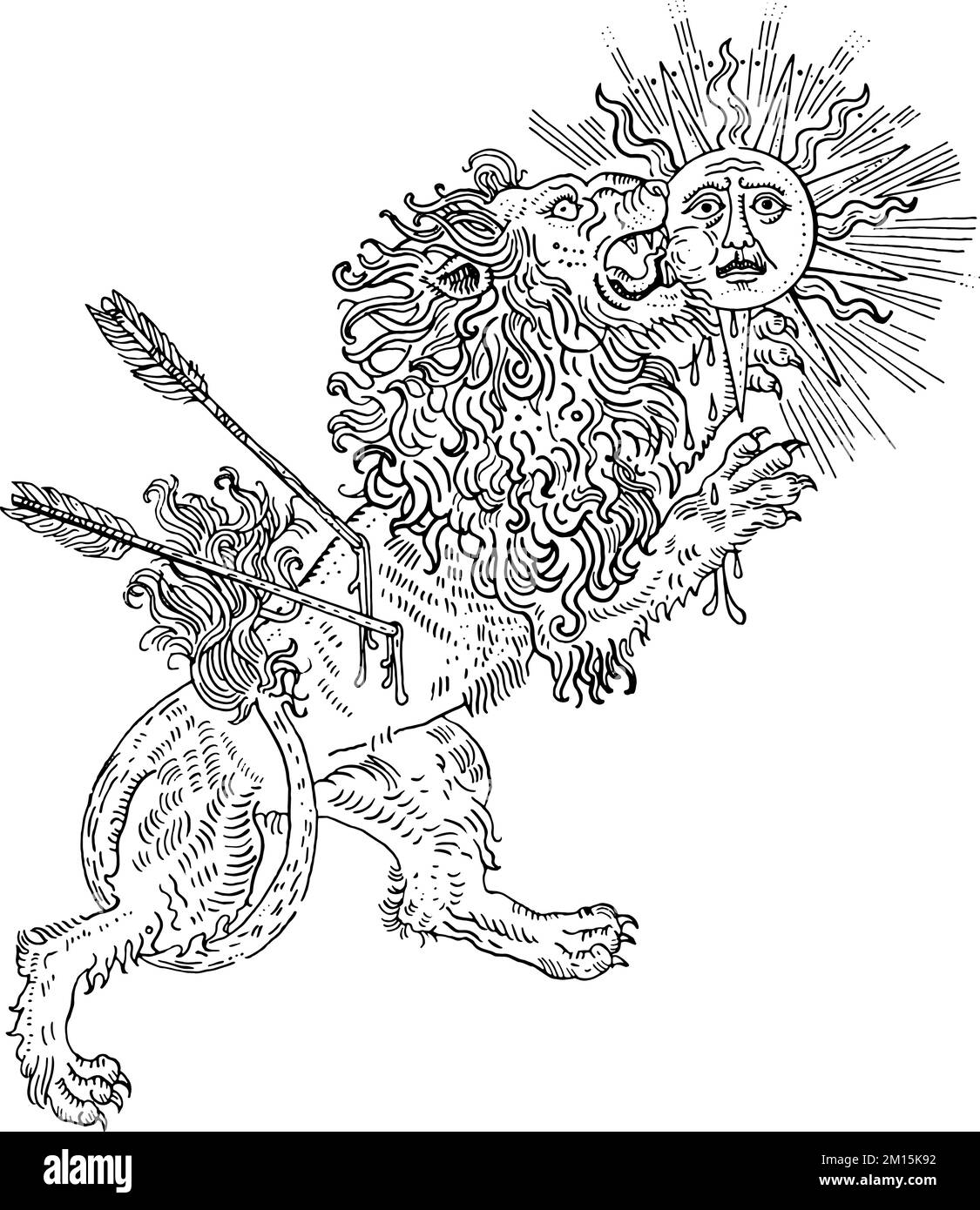 Alchemisches Symbol Löwe verschlingt die Sonne. Quecksilberkonsumierendes Gold. Spirituelle Verwandlung. Handgezeichnete gravierte Tattoo im mittelalterlichen Stil. Stock Vektor