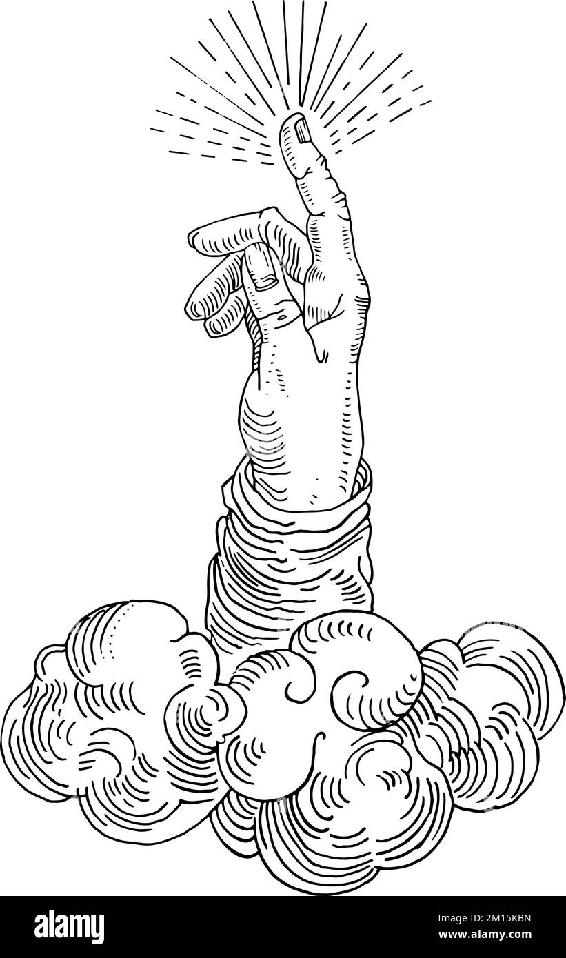 Die Hand Gottes, ein Symbol, das auf das Eingreifen der göttlichen Macht hinweist. Handgezeichnete gravierte mittelalterliche Tintenstiftzeichnung im Vintage-Stil. Tattoo-Design Stock Vektor