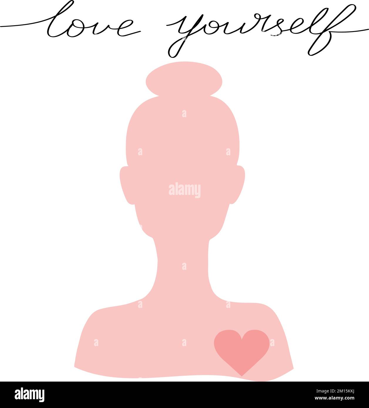 Girl Silhouette mit Herz und Handschrift Love Yourself. Handgezeichnete Kunst. Motivationsausdruck Stock Vektor