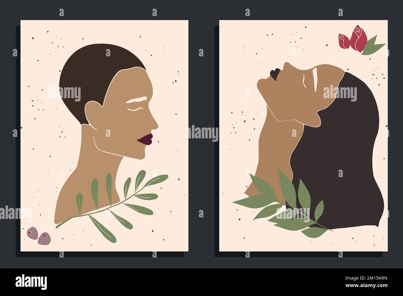 Weibliche Silhouetten auf beigefarbenem Hintergrund mit Blumen und Blättern. Abstrakte Frauengesichter. Weiblichkeit. Zeitgenössische Kunst Stock Vektor
