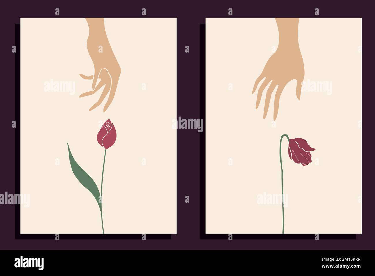Abstrakte Hände mit Blumen. Minimale moderne Kunst. Ökologiekonzept. Sei zärtlich mit Blumen. Handgezeichnete Kunst Stock Vektor