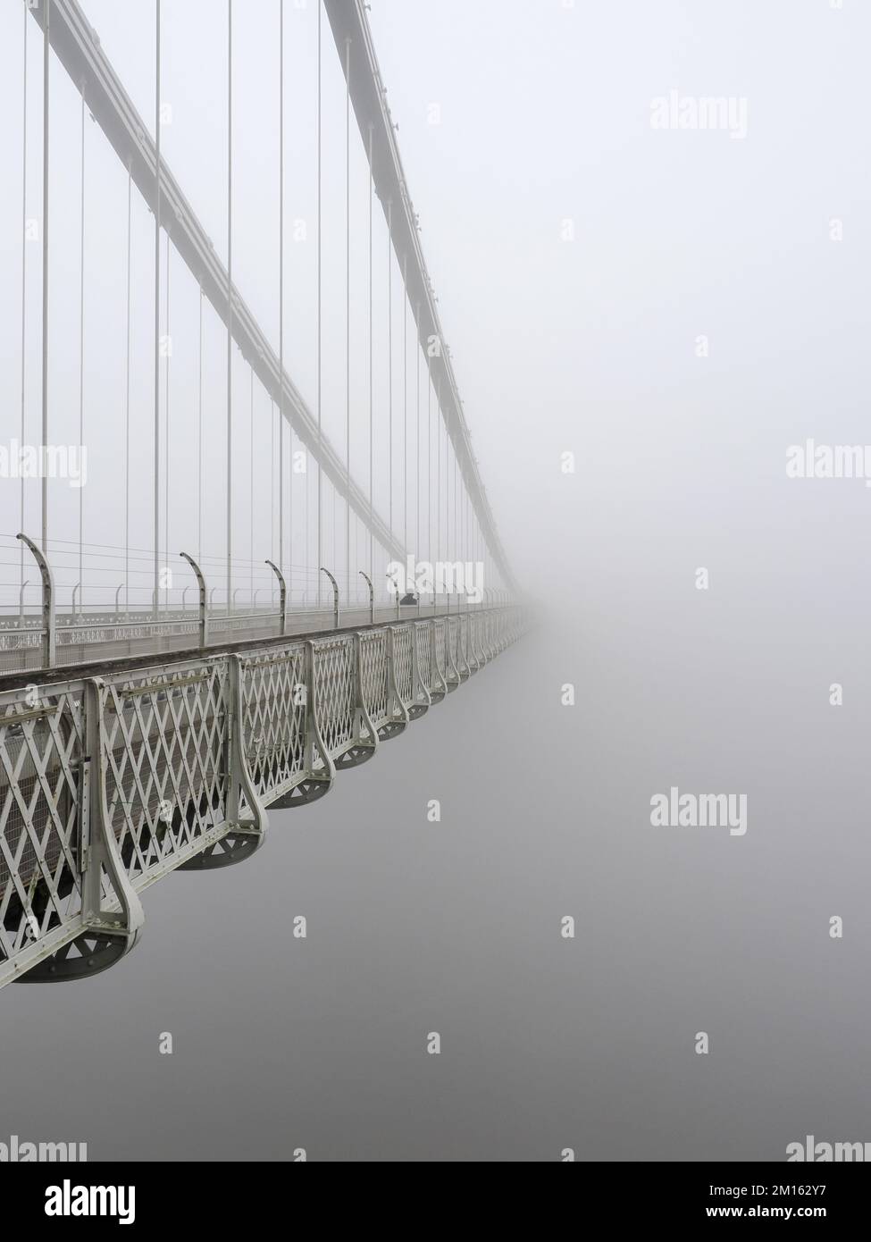 Ein einsamer Streuner, der die Clifton Hängebrücke in dickem Nebel überquert Stockfoto