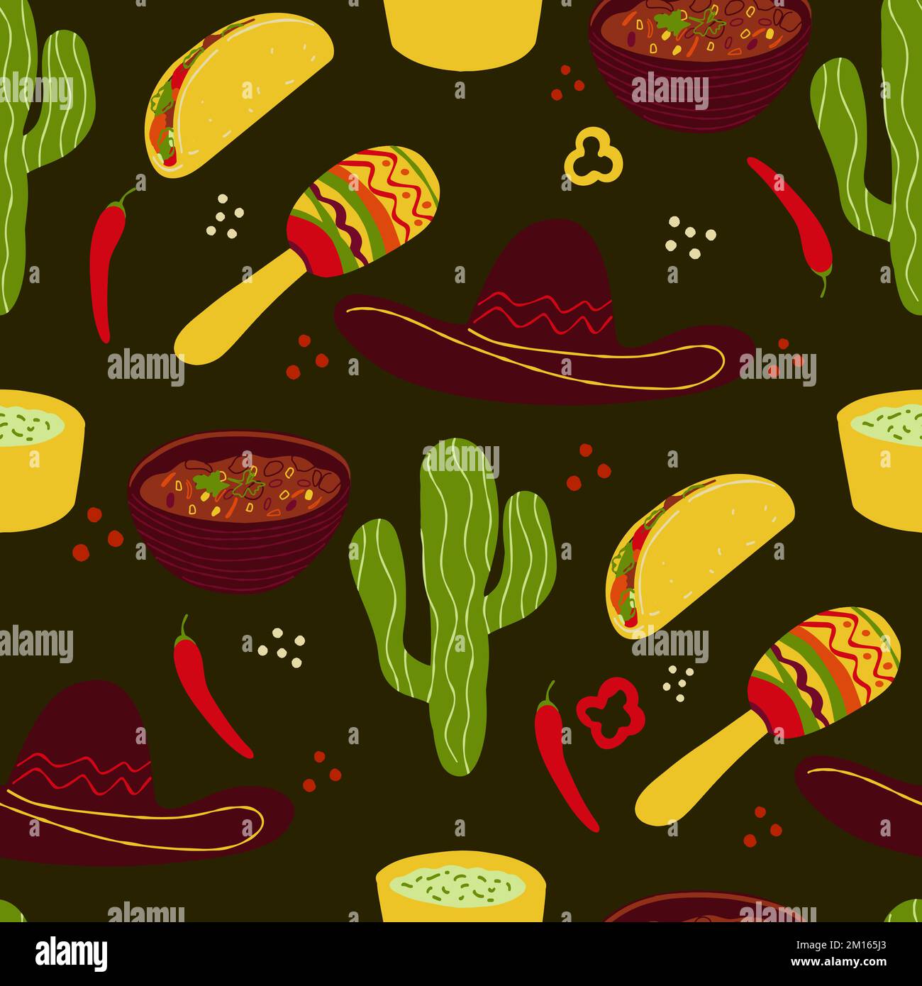 Nahtloses Muster mit traditionellen mexikanischen Symbolen zur Illustration von Chili Con Carne, Tacos, Kaktus, Sombrero-Hutpfeffer Stock Vektor