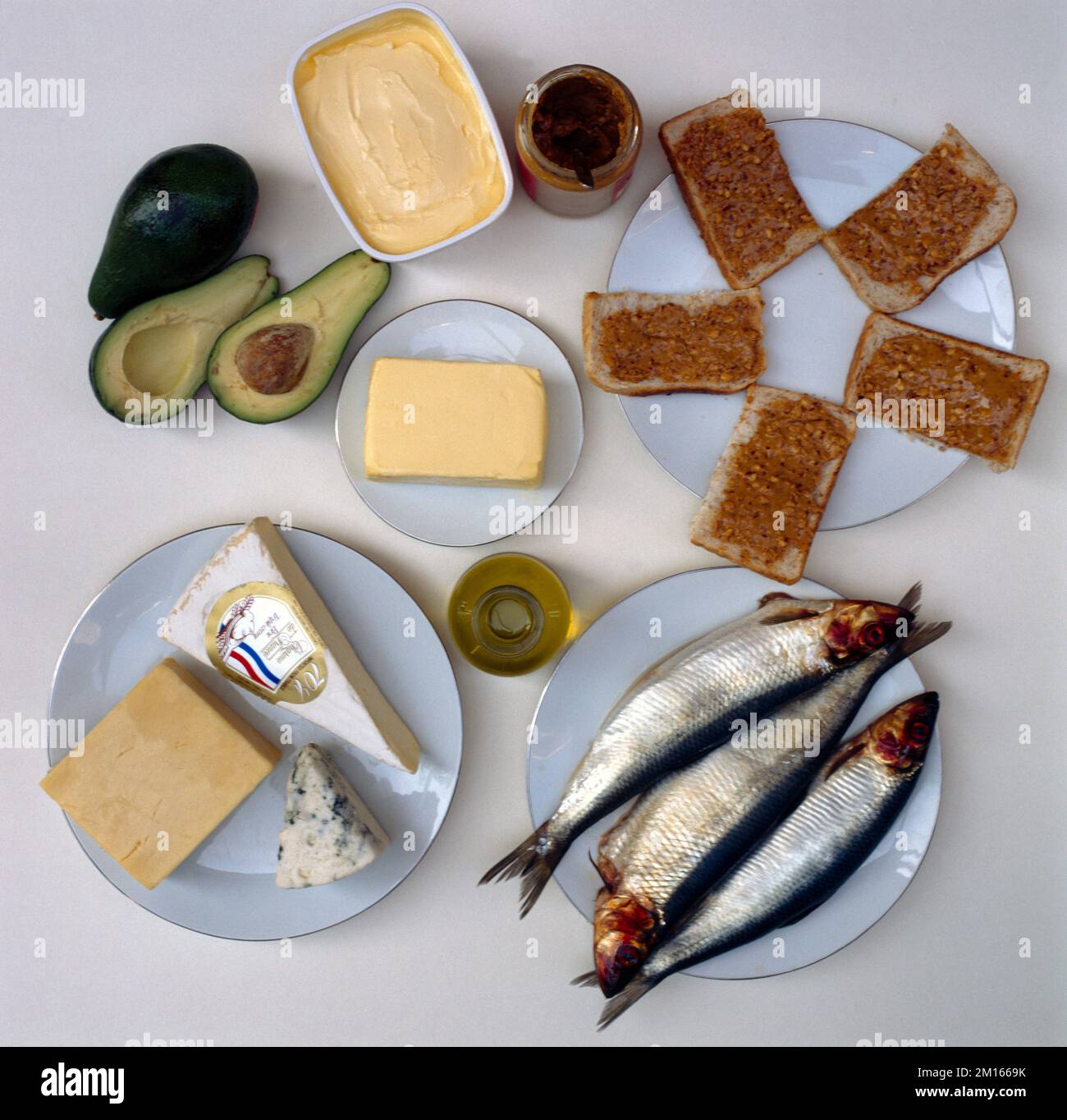 Fette und Öle - Margarine, Butter, Käse, Erdnussbutter auf Toast, Olivenöl, Fisch und Advocados Stockfoto