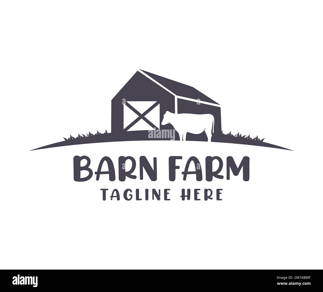 Bauernhof mit Stall und Kuhlogo. Bauernhaus, Lagerhaus, Scheune, Landschaft. Bauernhöfe am Feld. Landwirtschaftliche Milch- und Fleischproduktion. Stock Vektor