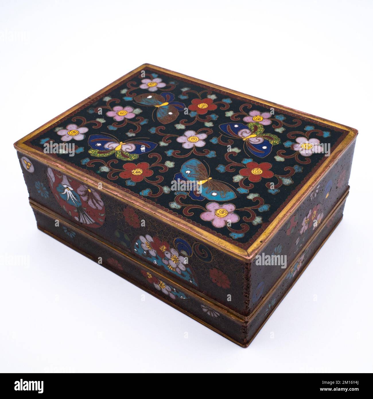 Feine antike japanische rechteckige Box und Abdeckung mit Cloisonne-Emailierung. Meiji-Periode Stockfoto