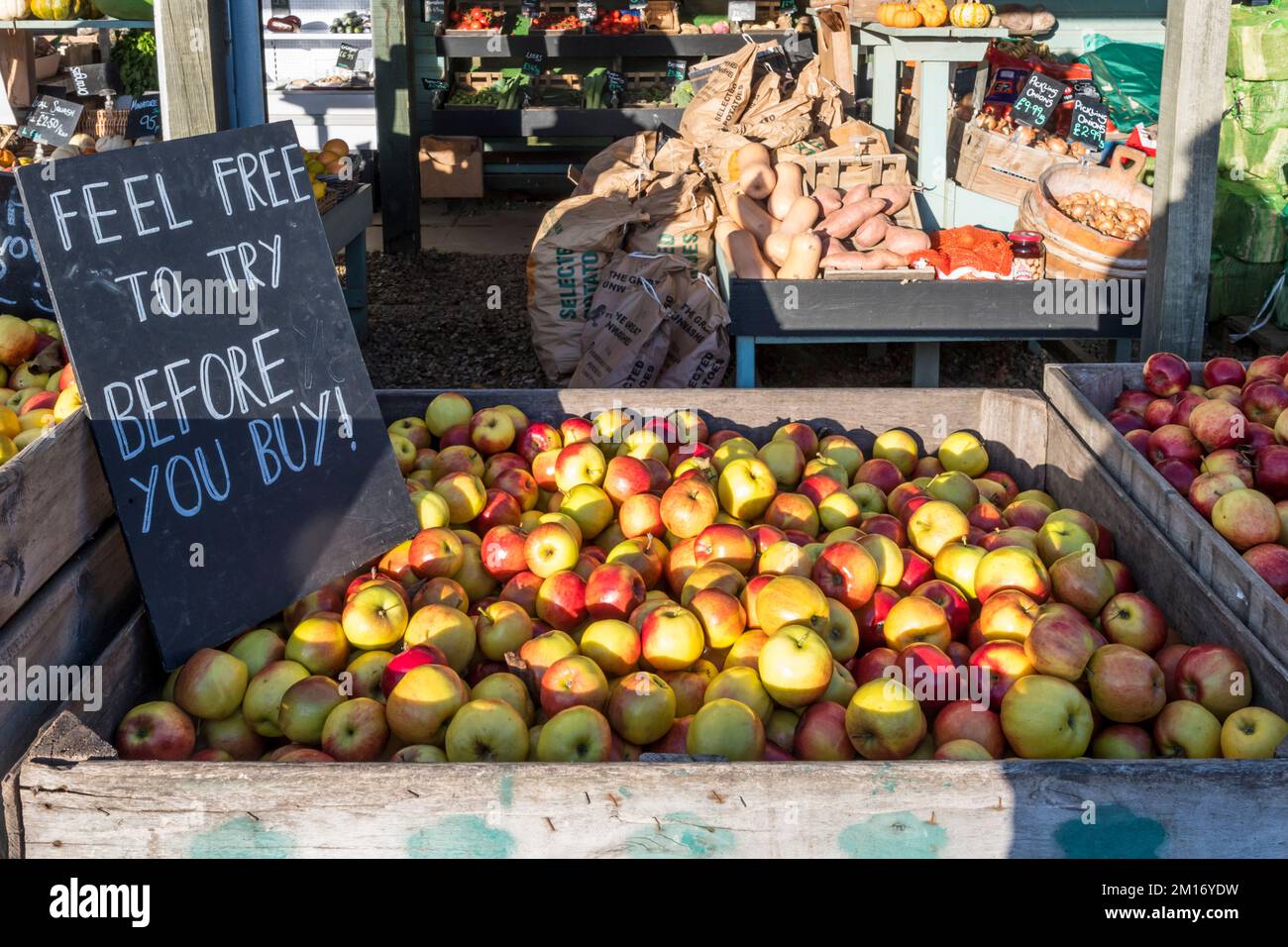 „Feel Free to Try Before You Buy“-Schild auf einer Schachtel Äpfel in einem Bauernladen in Norfolk. Stockfoto