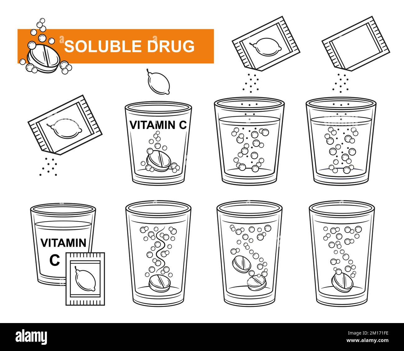 Brausetablette für lösliche Arzneimittel, Spruzbeutel Vitamin C Pulver Arzneimittel lösen sich in Glas Wasser Symbolset auf. Aspirin-Pillen-Medikamentenlösung. Vektor Stock Vektor