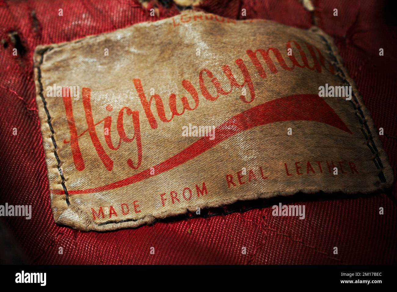 Highwayman-Label in einer Lewis Lederjacke. Stockfoto