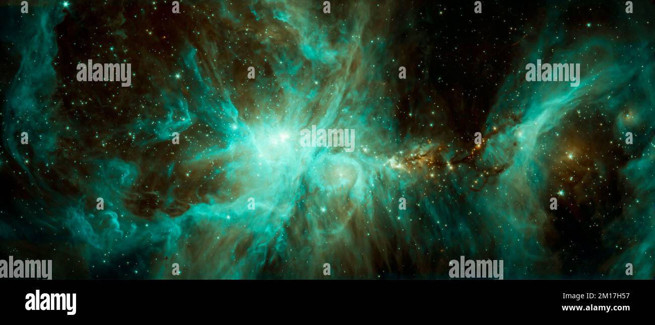 Kosmische Szene einer Kolonie junger Sterne im Orion-Nebel im Weltraum. Digital optimiert. Elemente dieses Bildes, bereitgestellt von der NASA. Stockfoto
