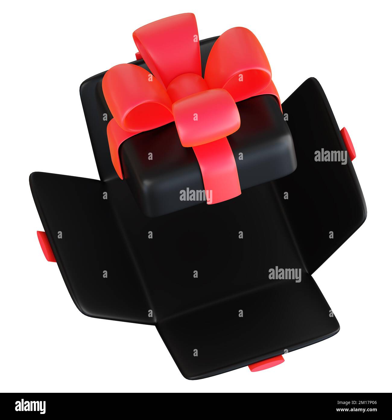 Realistische schwarze Geschenkbox mit roter Schleife. Konzept von abstraktem Feiertag, Geburtstag, Weihnachten oder Black Friday Geschenk oder Überraschung. 3D qualitativ hochwertiges isoliertes Rendern Stockfoto