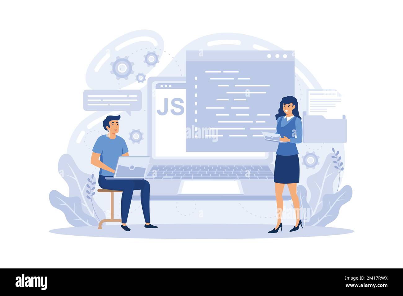 Programmierer, die JavaScript-Programmiersprache auf dem Computer verwenden, winzige Leute. JavaScript-Sprache, JavaScript-Engine, JS-Web-Entwicklungskonzept. Flach V Stock Vektor