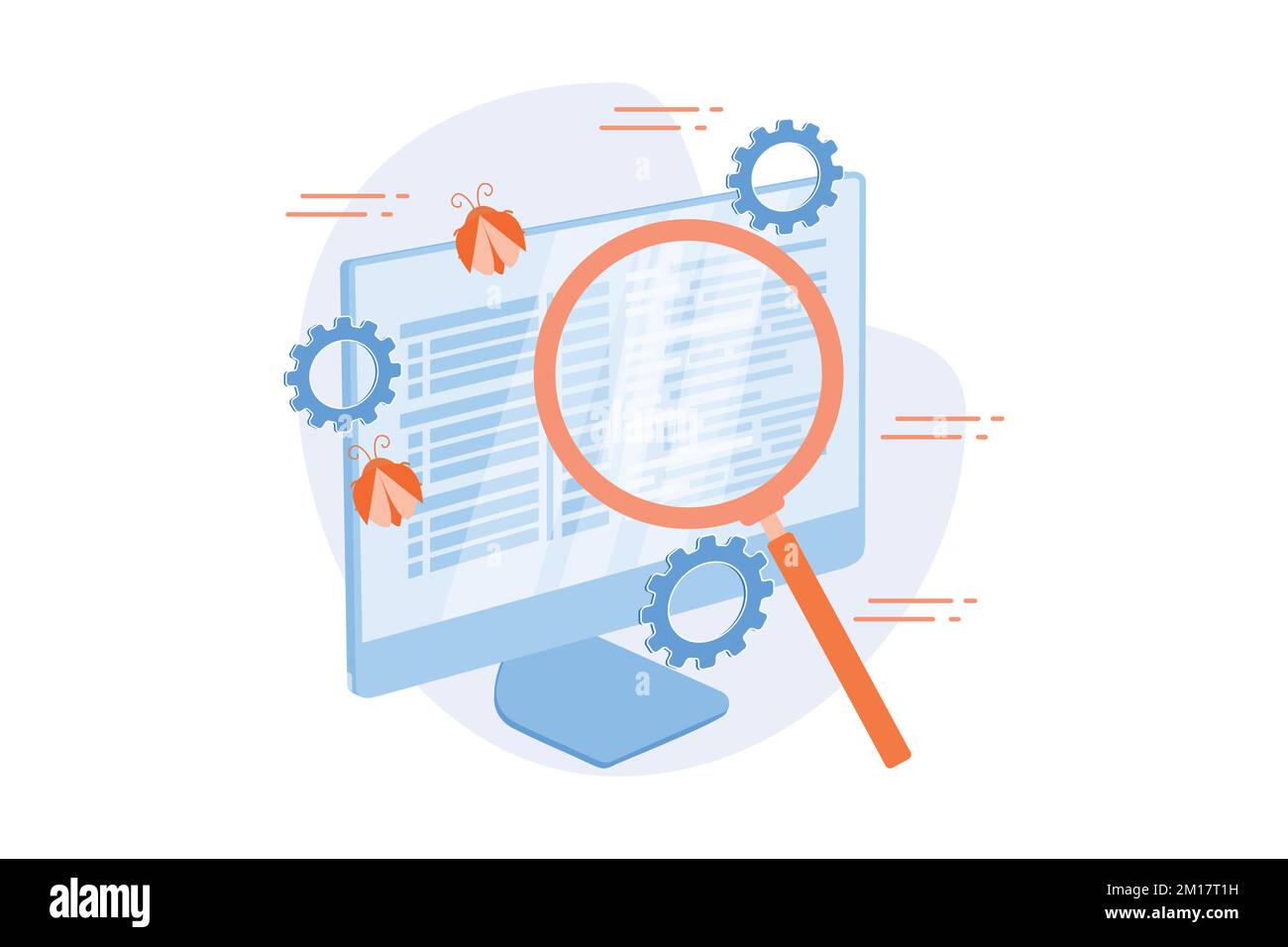 Fehlerbehebung und Softwaretests. Computer-Virus-Suchwerkzeug. DevOps, Web-Optimierung, Antivirus-App. Lupe, Zahnrad und Monitor Design elemen Stock Vektor