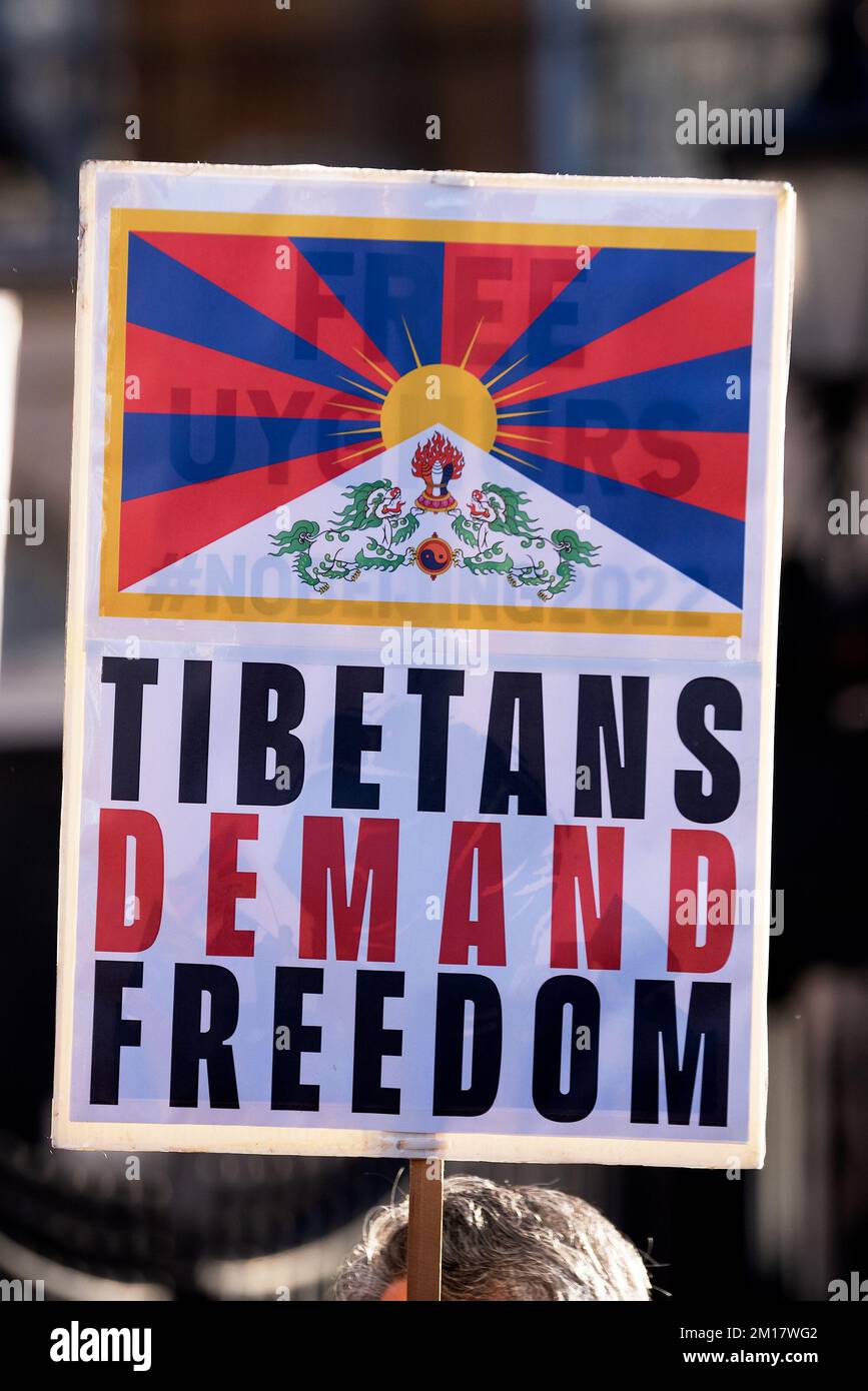 London, Großbritannien. 10.. Dezember 2022 Am Internationalen Tag der Menschenrechte 74. versammelten sich das Freie Tibet und seine Verbündeten aus Hongkong, Uigur und China gegenüber der Downing Street, um gegen den Autoritarismus der Kommunistischen Partei Chinas zu protestieren und die bürgerlichen Freiheiten, Angriffe auf die tibetische Kultur und den Buddhismus sowie den Völkermord am uigurischen Volk zu missachten. Die Demonstranten und Aktivisten marschierten dann durch Central London, um ihren Protest gegen die chinesische Botschaft fortzusetzen. Kredit: Stephen Bell/Alamy Live News. Stockfoto