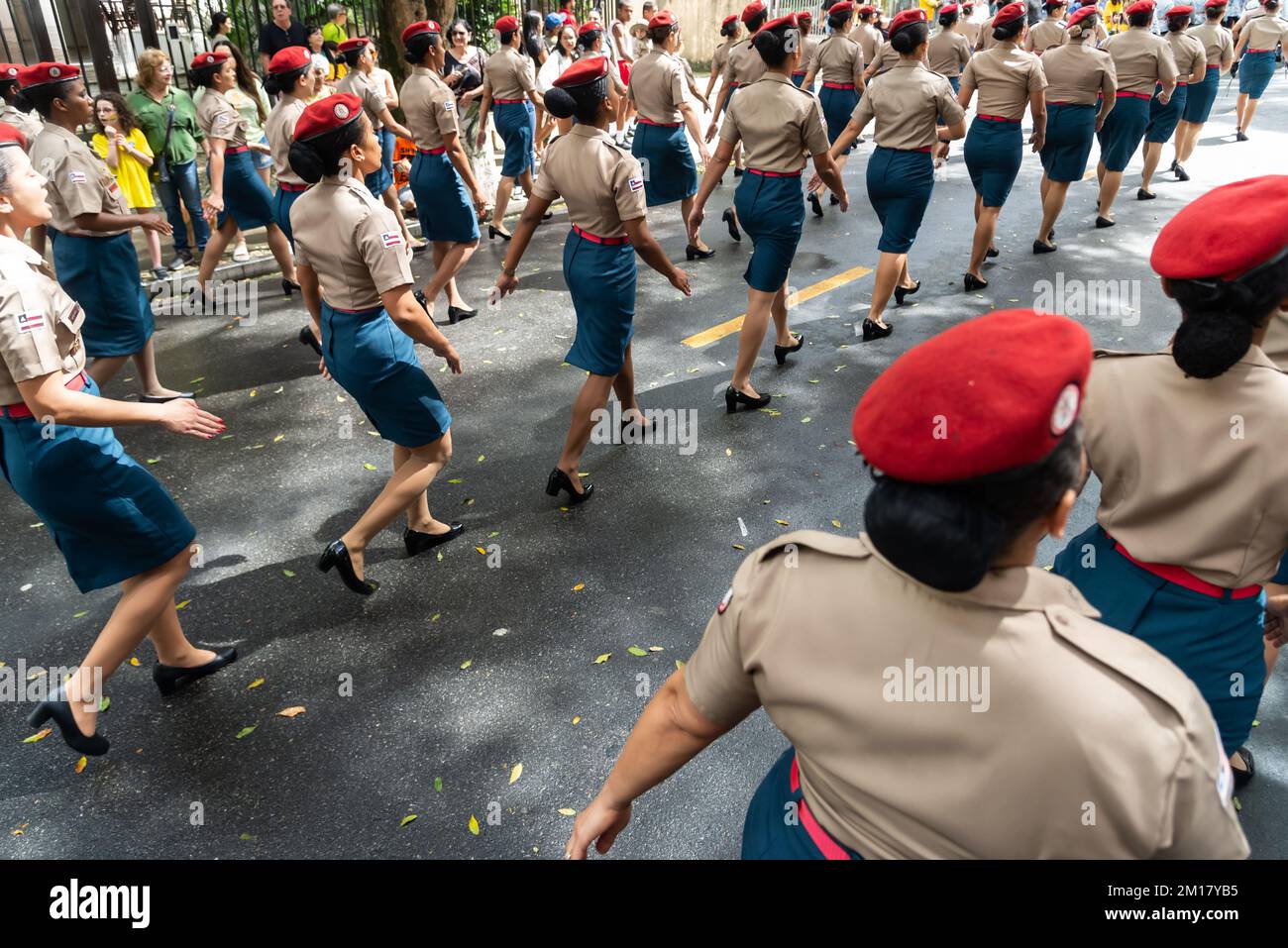 Eine große Gruppe weiblicher Militärsoldaten, die am brasilianischen Unabhängigkeitstag in Salvador, Bahia, vorgeführt werden Stockfoto