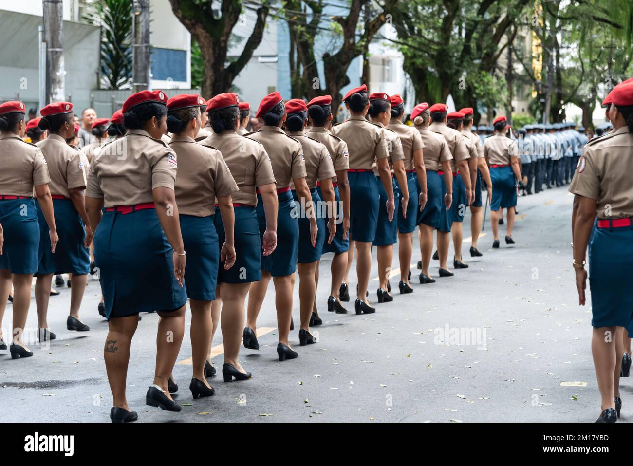 Die weiblichen Militärsoldaten, die am brasilianischen Unabhängigkeitstag in Salvador, Bahia, demonstrieren Stockfoto