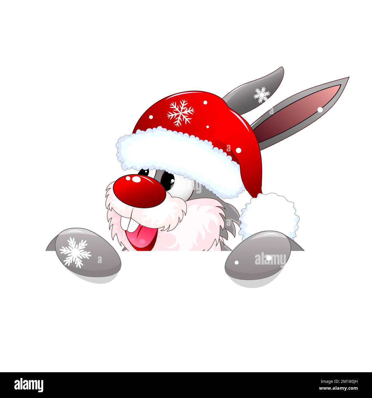 Cartoon-Kaninchen in Weihnachtsmannmütze auf weißem Hintergrund. Ein lächelndes Kaninchen aus der Nähe. Kaninchenmündung. Stock Vektor