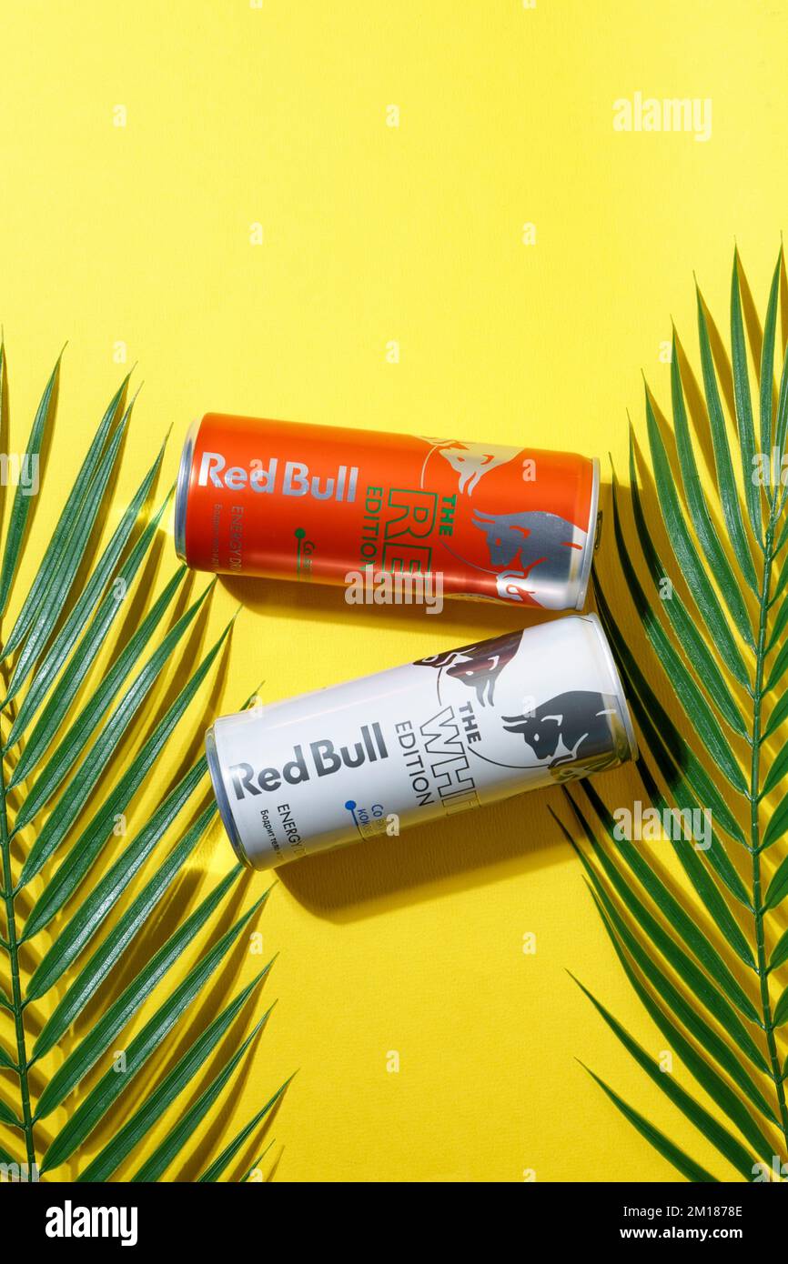 Tyumen, Russland-27. September 2022: Aluminiumdosen des Energy Drink Red Bull die rot-weiße Ausgabe. Flach verlegt. Vertikales Foto Stockfoto