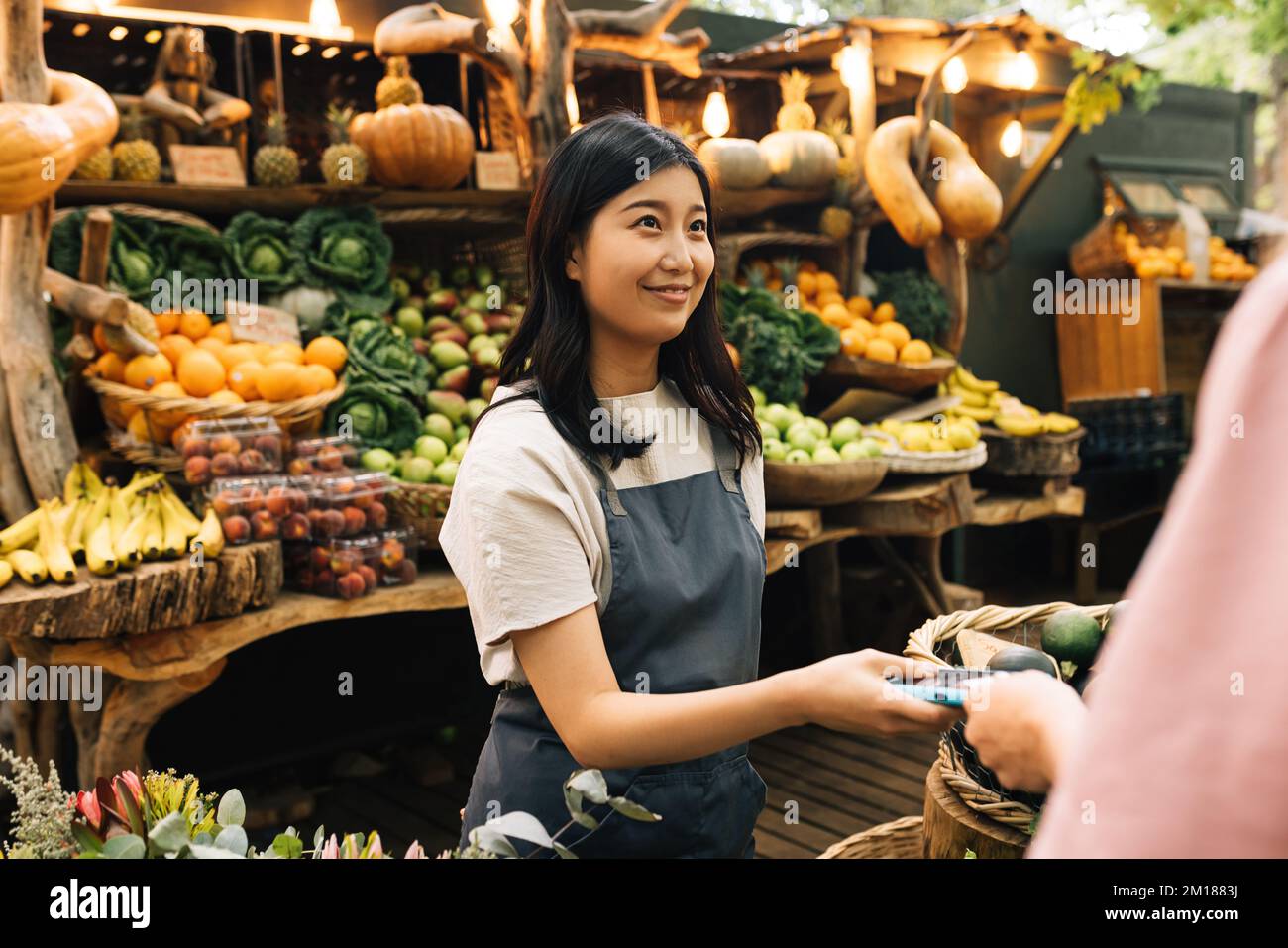 Eigentümer des Außenmarkts, der die Zahlung vom Käufer erhält. Asiatische Frau in einer Schürze mit einem POS-Terminal, die einen Kunden auf einem lokalen Bauernmarkt ansieht. Stockfoto