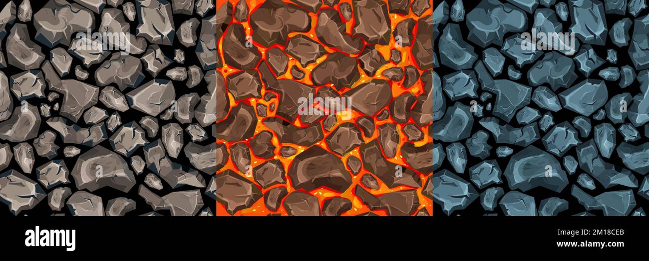 Lava, Magma mit Steinen im Cartoon-Stil nahtlose Muster Hintergrund. Eruptionseffekt, Landschaft. Struktur, Design. Vektorgrafik Stock Vektor