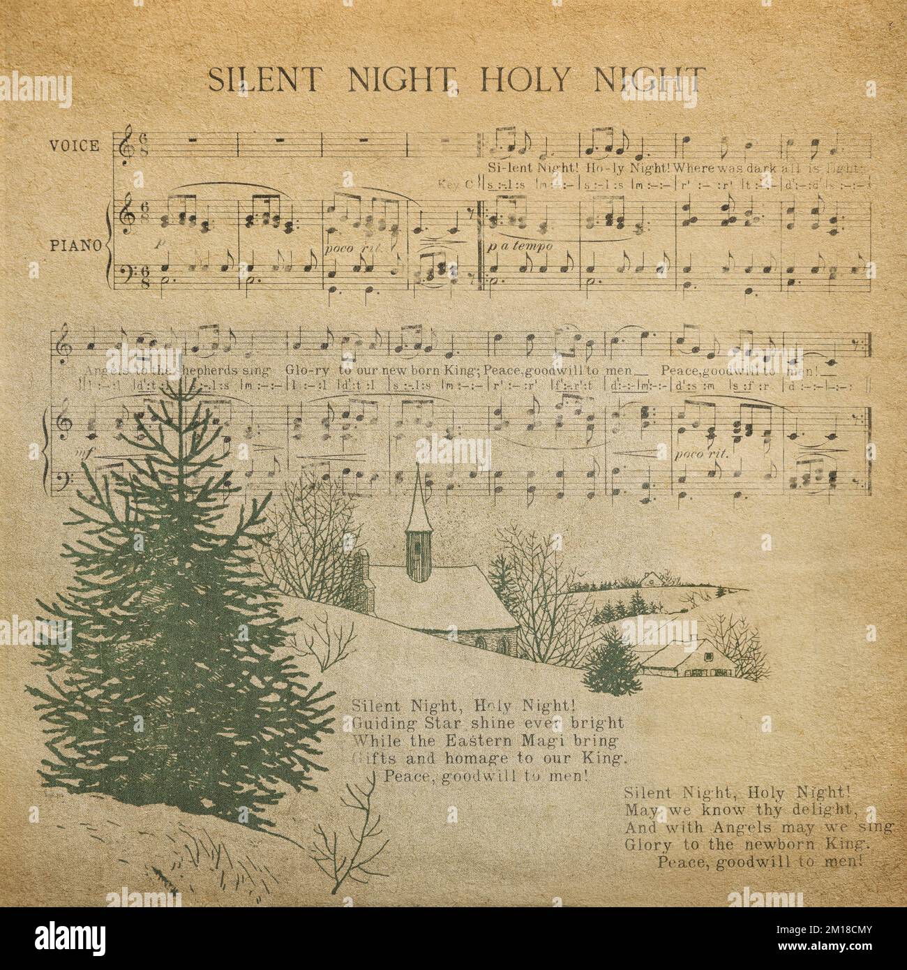 Weihnachtslieder. Schmutziges Papier. Altes Notenblatt "Stille Nacht" Stockfoto