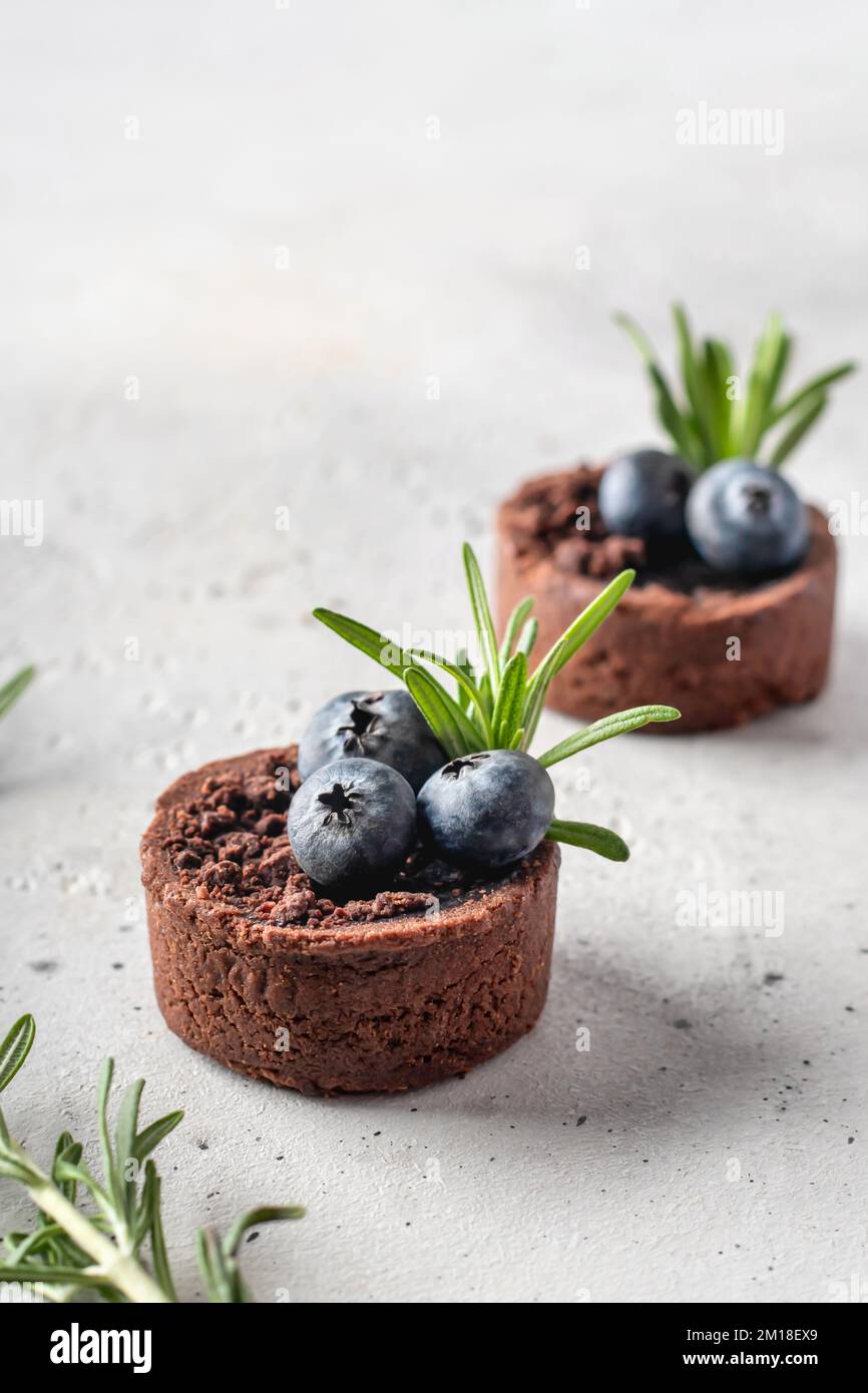 Zwei Schokoladen-Brownies mit Heidelbeeren und Rosmarin isoliert auf weißem strukturierten Hintergrund, Minimal Zusammensetzung dekoriert. Platz für Text. Vertikal oder Stockfoto