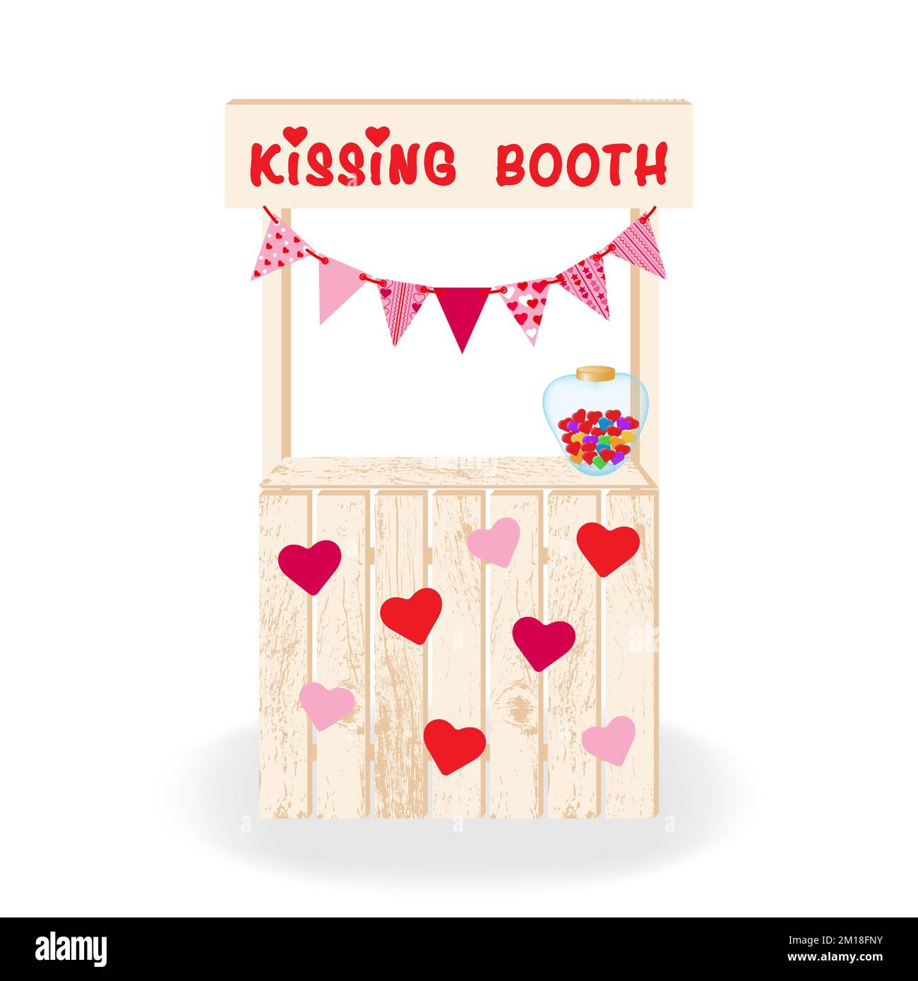 Küsschen. Festliche Dekoration aus Holz mit Herzen und Flaggen Kissing Booth. Zum Valentinstag, zur Hochzeit oder zum Geburtstag. Vektorillus Stock Vektor