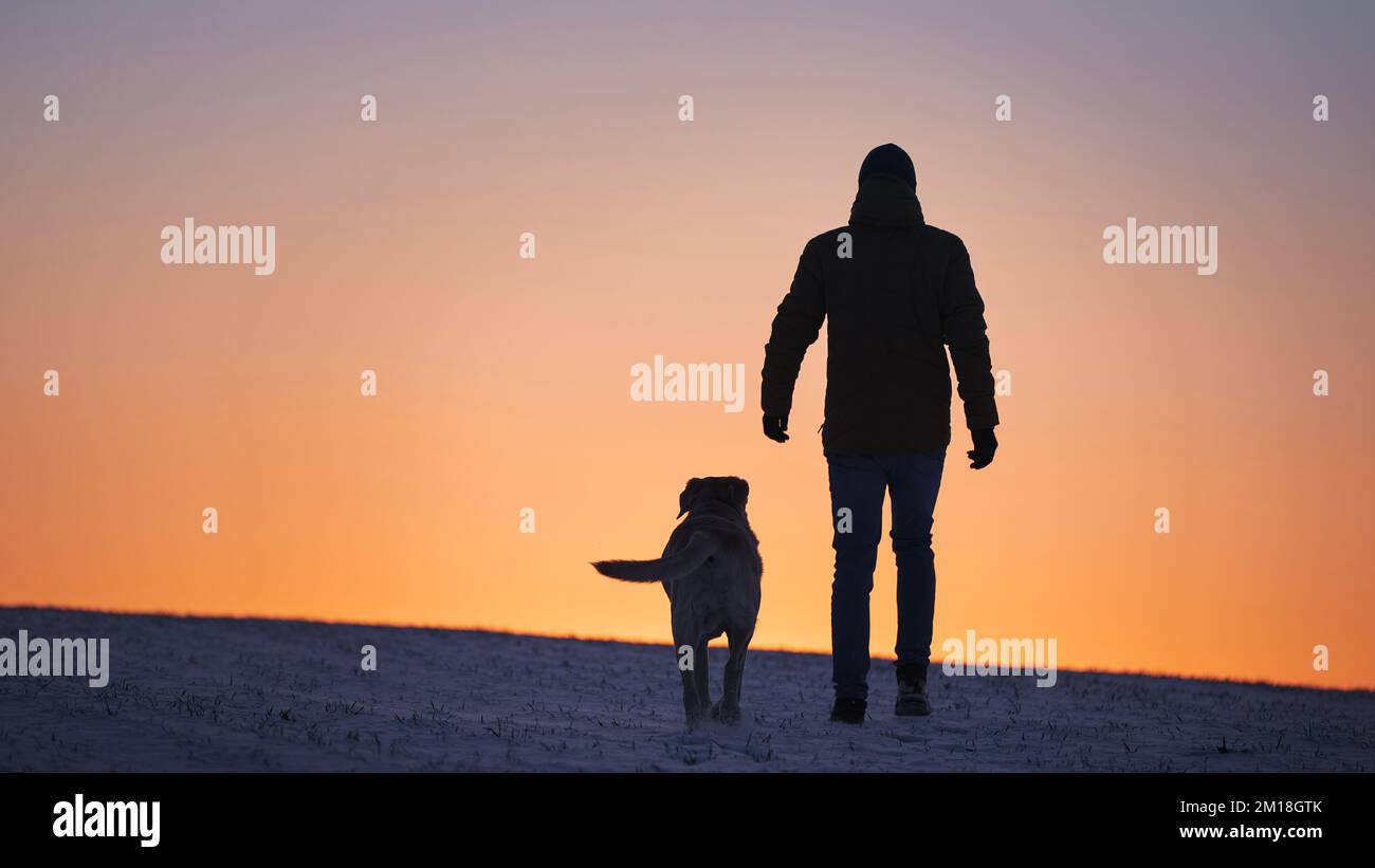 Silhouetten des Menschen mit Hund. Haustierbesitzer und labrador Retriever gehen bei Sonnenaufgang auf schneebedeckten Feldern. Stockfoto