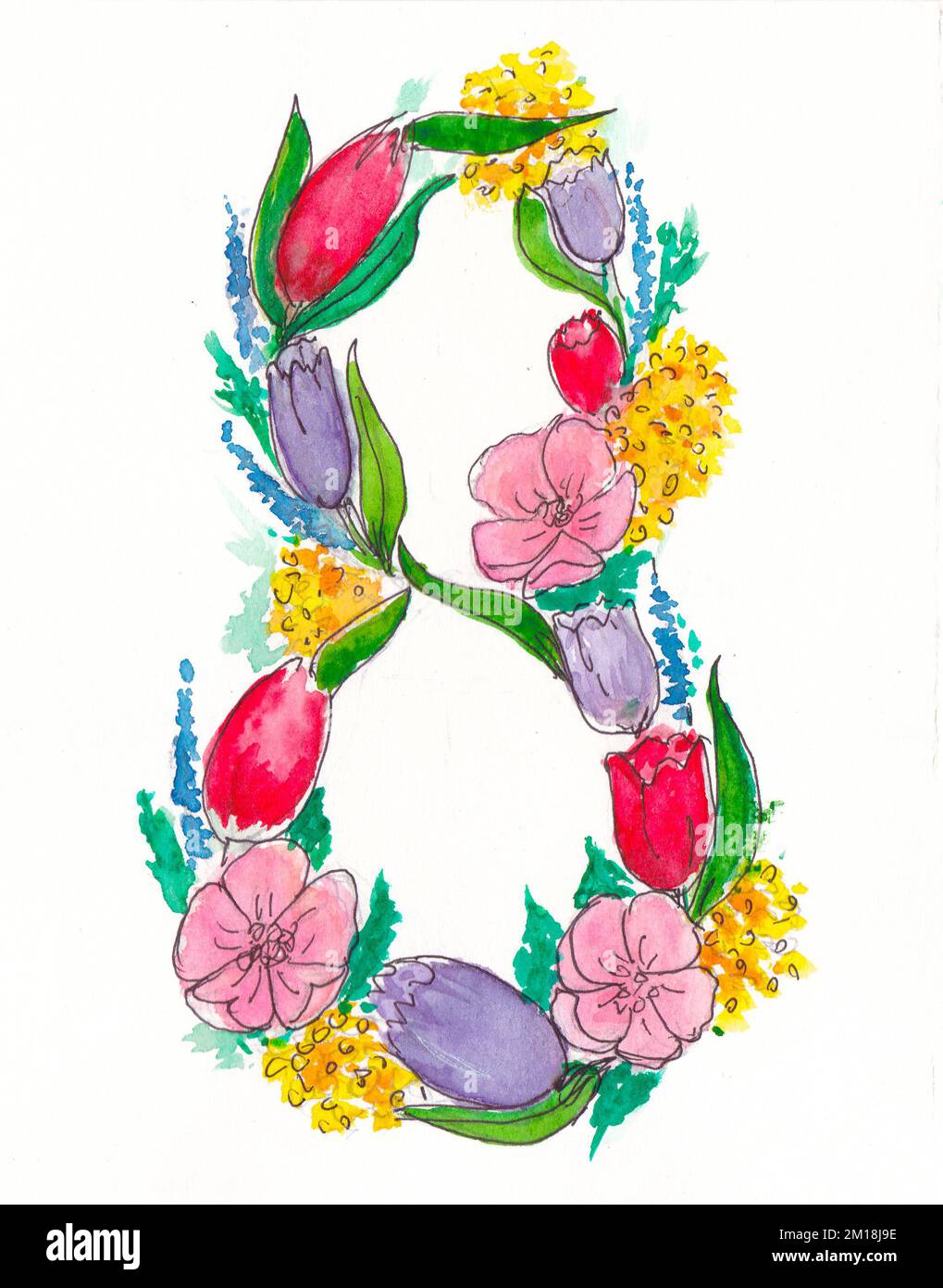 Nummer 8 von Blumen. Frühlingshintergrund Aquarellzeichnung März 8. Blumendarstellung. Frauentag. Handgefertigtes Design malen. Handgezeichnet. Stockfoto