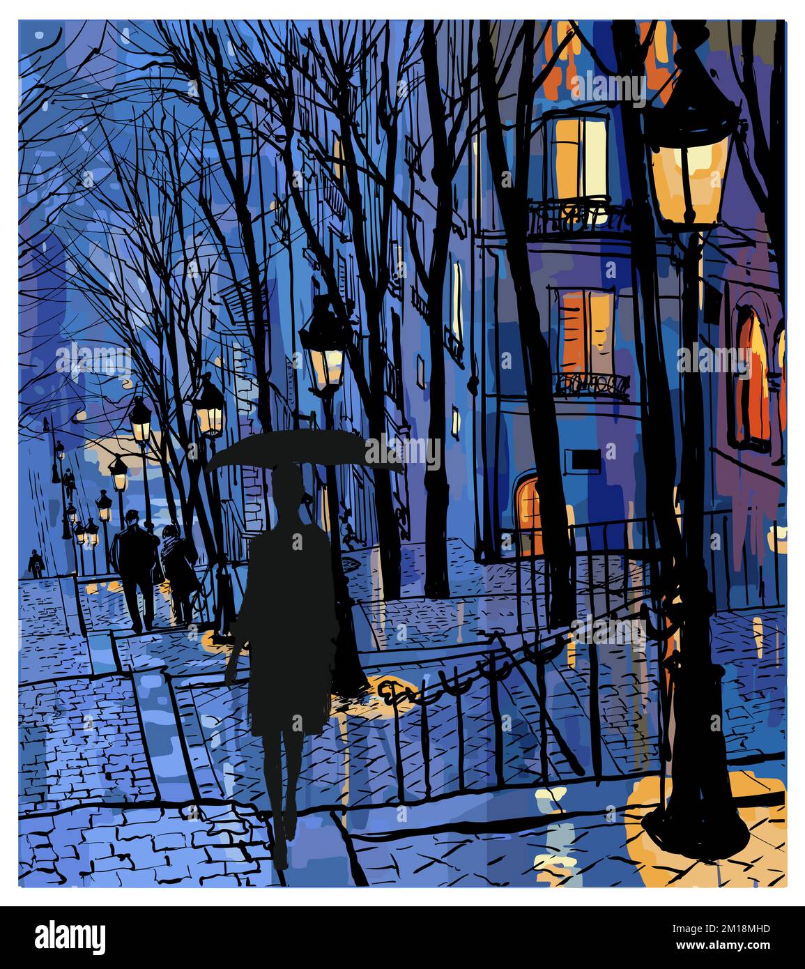 Paris, Frau zu Fuß in Montmartre - Vektor-Illustration (ideal für den Druck, Poster oder Tapeten, Hausdekoration) Stock Vektor