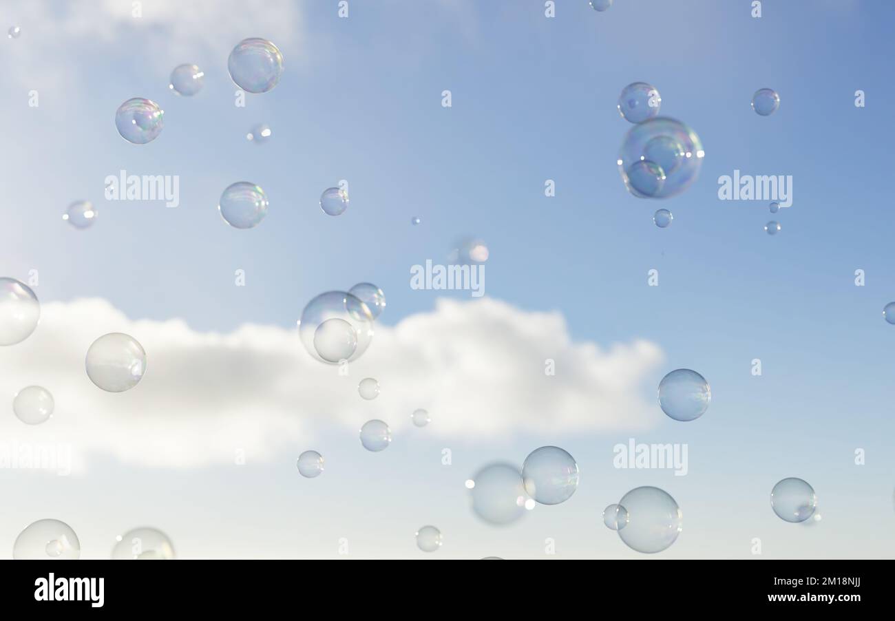 Luftblasen am Himmel. Hintergrund der Seifenblasen. 3D-Rendering. Stockfoto