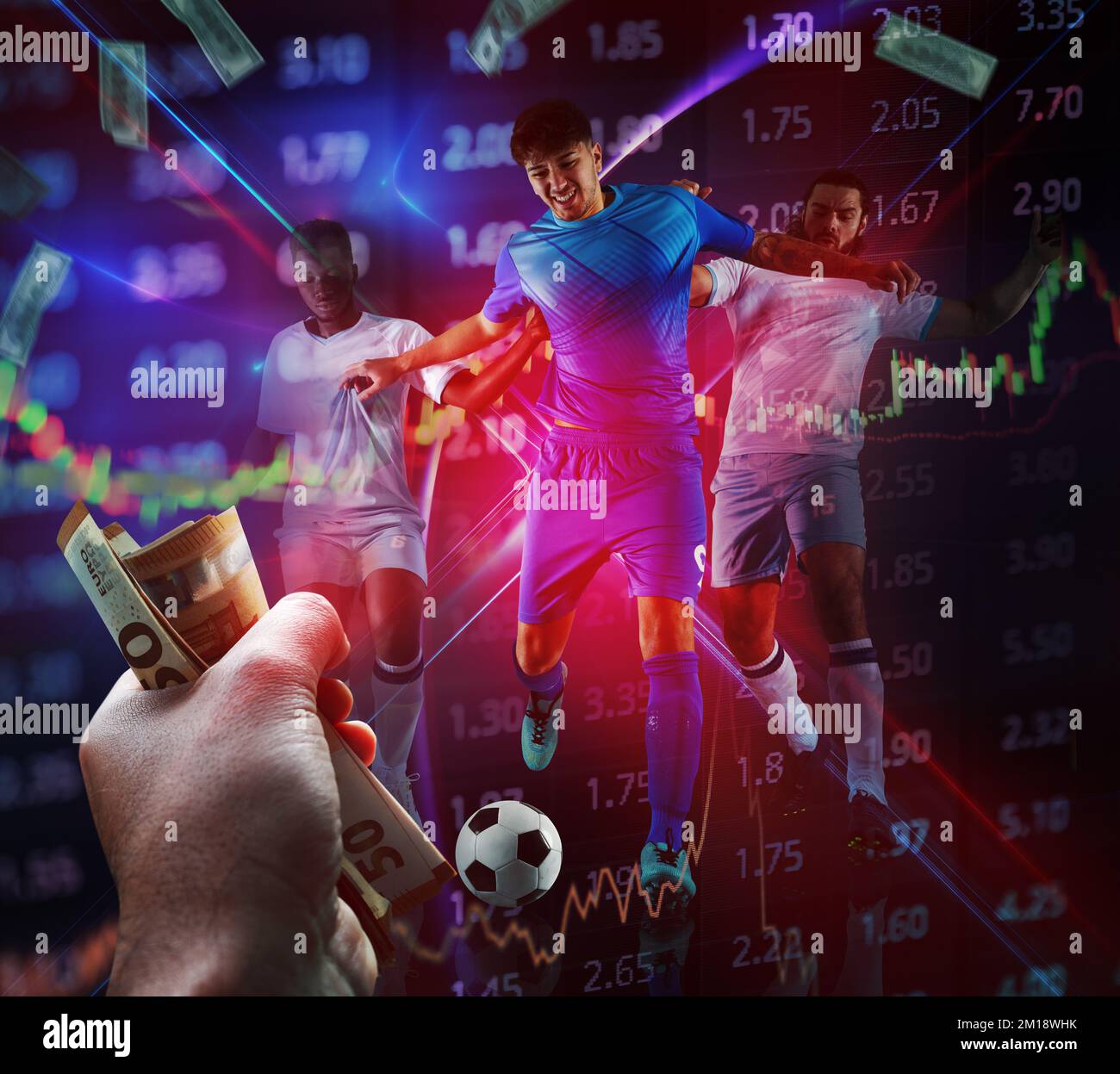 Fußballwettkonzept mit Fußballspielern während eines Spiels Stockfoto