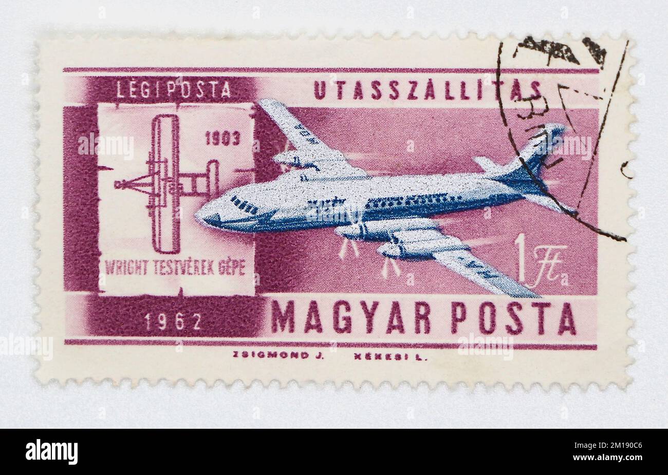 Foto einer ungarischen Briefmarke Iluyshin II-18B HA-NOA Airliner & Wright Brothers 'Flyer 1' Geschichte der Luftfahrt Serie 1962 Stockfoto