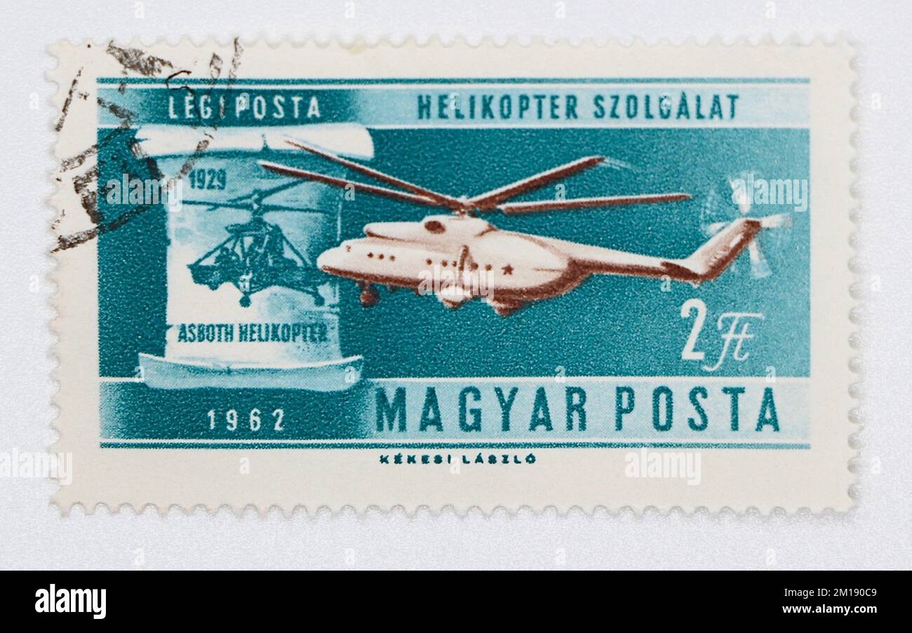 Foto einer ungarischen Briefmarke Mil Mi-6 Helicopter und Asboth's Helicopter History of Aviation Serie 1962 Stockfoto