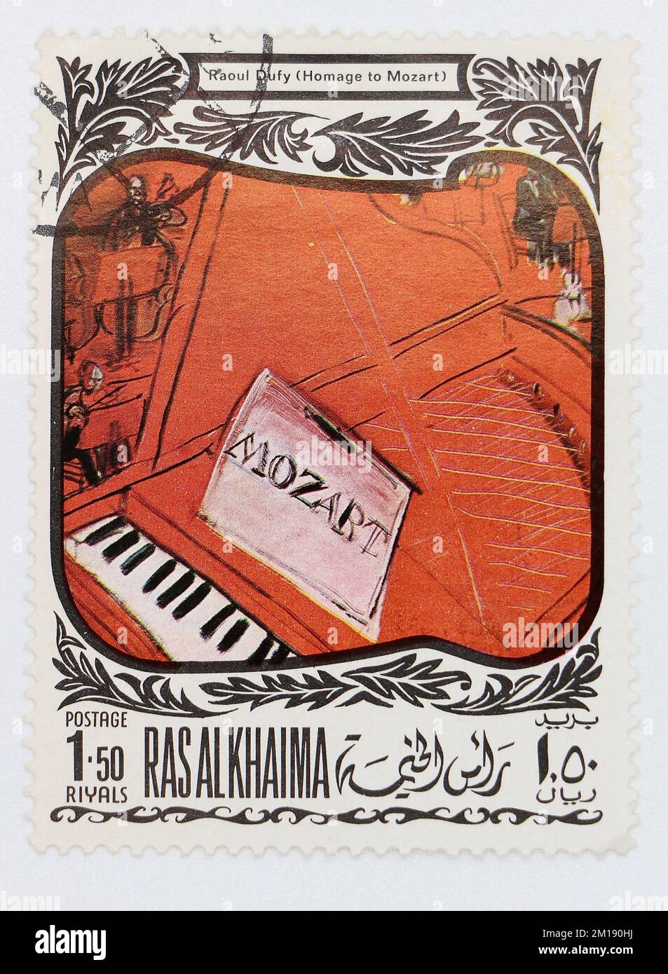 Foto einer Briefmarke von Ras al Khaimah Wolfgang Amadeus Mozart 1756-1791 von Raoul Dufy 1877-1953 Composers auf Gemälden der Serie 1969 Stockfoto