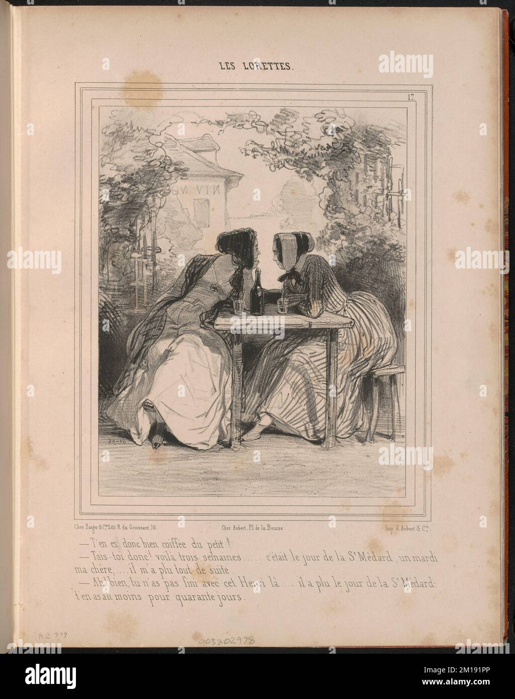T'en est (sic) donc bien coiffée du Petit? - Tais-toi-donc! voilà trois semaines... c'était le jour de la Saint-Médard, un mardi, - ma chère...il m'a plu tout de Suite. - Oh, Nein! Bien, t'en as pas fini avec cet Henri-là...il a plu le jour de la Saint-Médard, t'en as au moins pour quarante jours ,. Paul Gavarni (1804-1866). Lithografien und andere Arbeiten Stockfoto
