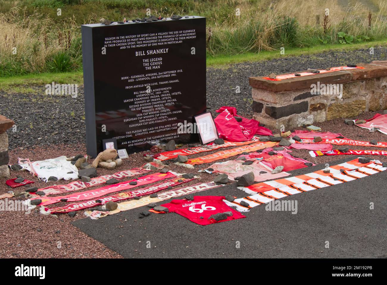 Bill Shankly Memorial, Glenbuck Heritage Village, East Ayrshire, Schottland, Großbritannien Stockfoto