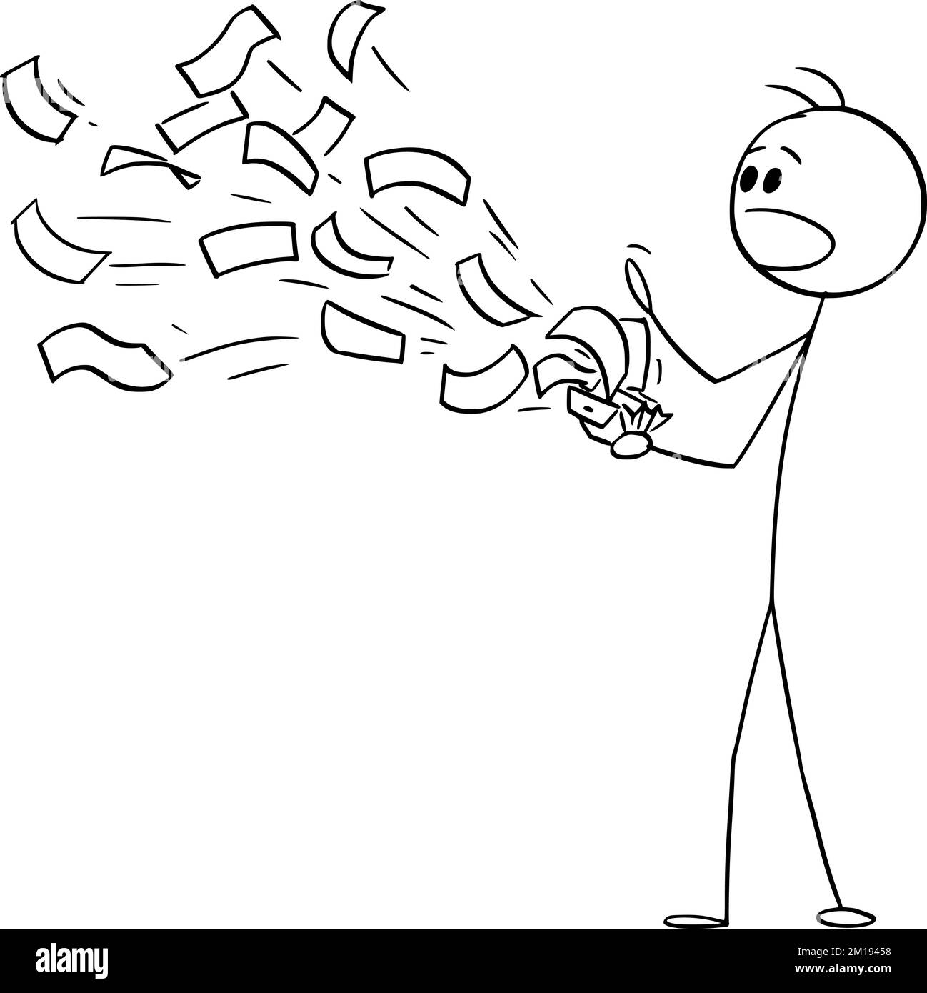 Geld Fliegt Weg Von Der Brieftasche, Vector Cartoon Stick-Figur-Illustration Stock Vektor