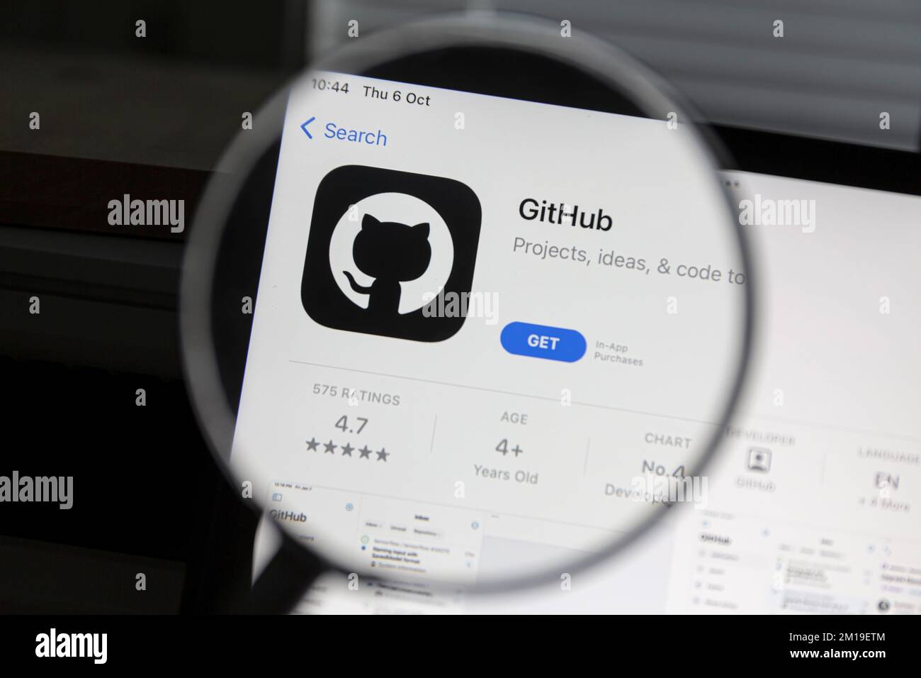 Ostersund, Schweden - 6. Okt. 2022: Symbol der GitHub App. GitHub ist ein Internet-Hosting-Service für die Softwareentwicklung und Versionskontrolle mit Git. Stockfoto