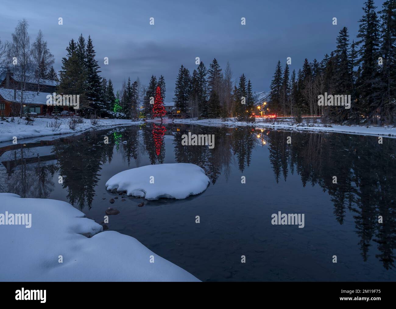 Weihnachtlich geschmückte Bäume am Spring Creek in Canmore, Alberta, Kanada Stockfoto